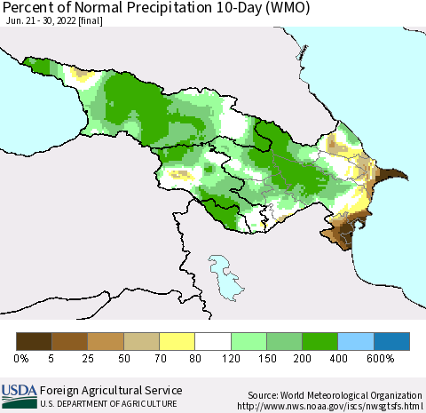 Azerbaijan, Armenia and Georgia Percent of Normal Precipitation 10-Day (WMO) Thematic Map For 6/21/2022 - 6/30/2022