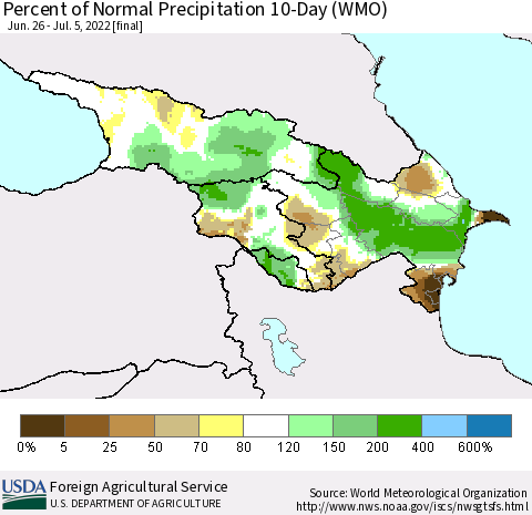 Azerbaijan, Armenia and Georgia Percent of Normal Precipitation 10-Day (WMO) Thematic Map For 6/26/2022 - 7/5/2022