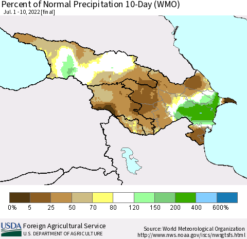 Azerbaijan, Armenia and Georgia Percent of Normal Precipitation 10-Day (WMO) Thematic Map For 7/1/2022 - 7/10/2022