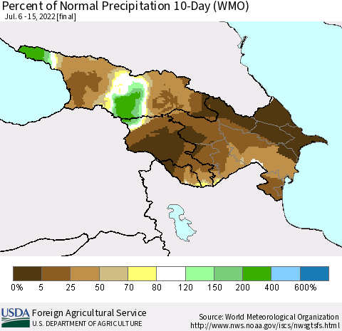 Azerbaijan, Armenia and Georgia Percent of Normal Precipitation 10-Day (WMO) Thematic Map For 7/6/2022 - 7/15/2022