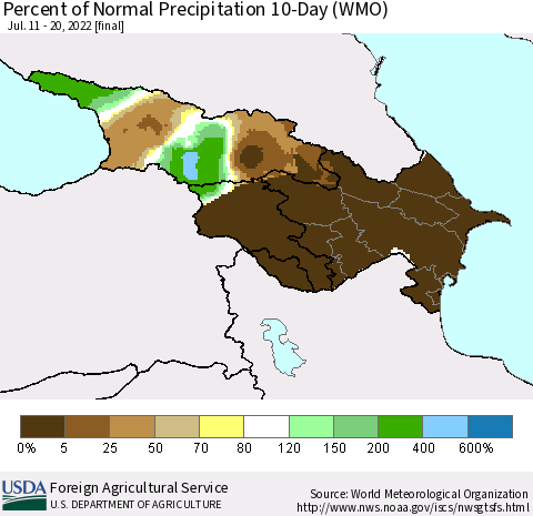 Azerbaijan, Armenia and Georgia Percent of Normal Precipitation 10-Day (WMO) Thematic Map For 7/11/2022 - 7/20/2022
