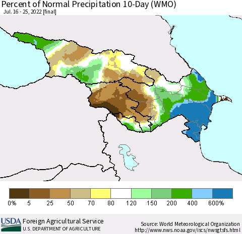Azerbaijan, Armenia and Georgia Percent of Normal Precipitation 10-Day (WMO) Thematic Map For 7/16/2022 - 7/25/2022