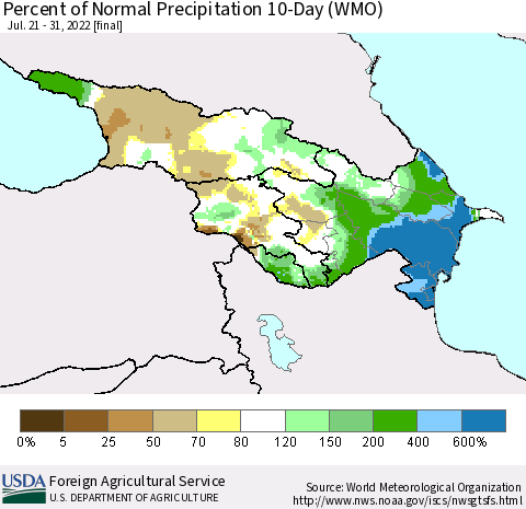 Azerbaijan, Armenia and Georgia Percent of Normal Precipitation 10-Day (WMO) Thematic Map For 7/21/2022 - 7/31/2022