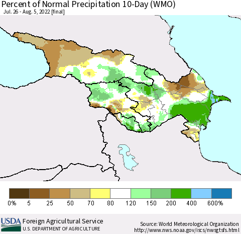 Azerbaijan, Armenia and Georgia Percent of Normal Precipitation 10-Day (WMO) Thematic Map For 7/26/2022 - 8/5/2022