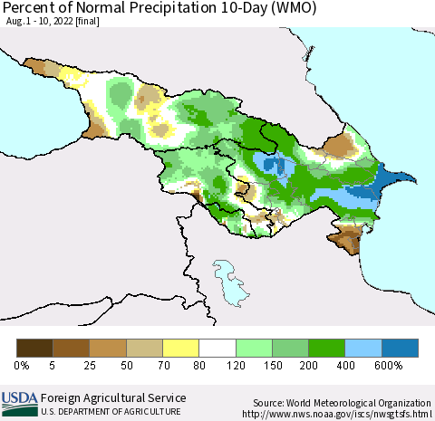 Azerbaijan, Armenia and Georgia Percent of Normal Precipitation 10-Day (WMO) Thematic Map For 8/1/2022 - 8/10/2022