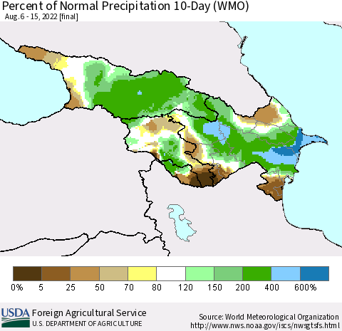 Azerbaijan, Armenia and Georgia Percent of Normal Precipitation 10-Day (WMO) Thematic Map For 8/6/2022 - 8/15/2022
