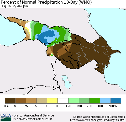 Azerbaijan, Armenia and Georgia Percent of Normal Precipitation 10-Day (WMO) Thematic Map For 8/16/2022 - 8/25/2022