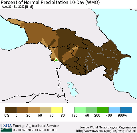 Azerbaijan, Armenia and Georgia Percent of Normal Precipitation 10-Day (WMO) Thematic Map For 8/21/2022 - 8/31/2022