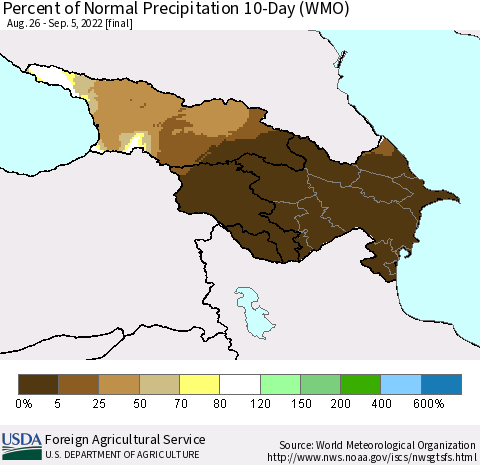 Azerbaijan, Armenia and Georgia Percent of Normal Precipitation 10-Day (WMO) Thematic Map For 8/26/2022 - 9/5/2022