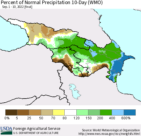 Azerbaijan, Armenia and Georgia Percent of Normal Precipitation 10-Day (WMO) Thematic Map For 9/1/2022 - 9/10/2022