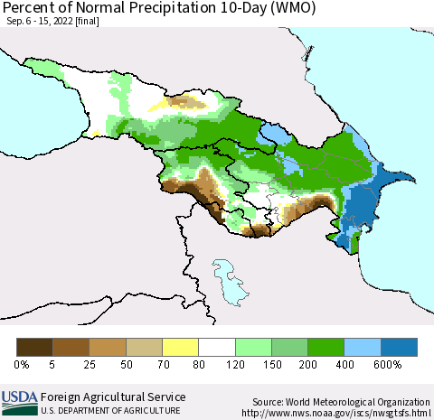 Azerbaijan, Armenia and Georgia Percent of Normal Precipitation 10-Day (WMO) Thematic Map For 9/6/2022 - 9/15/2022