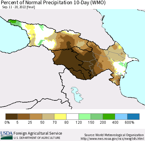 Azerbaijan, Armenia and Georgia Percent of Normal Precipitation 10-Day (WMO) Thematic Map For 9/11/2022 - 9/20/2022