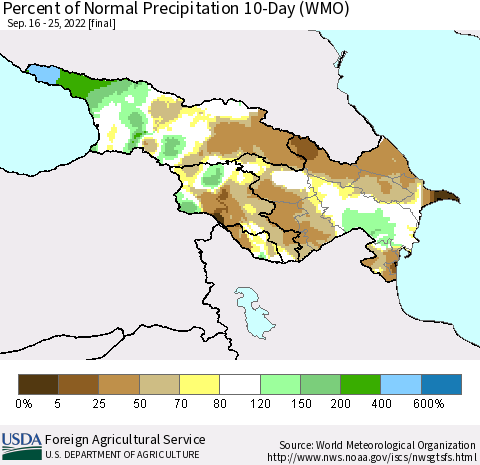 Azerbaijan, Armenia and Georgia Percent of Normal Precipitation 10-Day (WMO) Thematic Map For 9/16/2022 - 9/25/2022