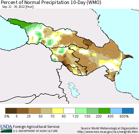 Azerbaijan, Armenia and Georgia Percent of Normal Precipitation 10-Day (WMO) Thematic Map For 9/21/2022 - 9/30/2022