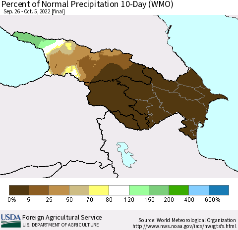 Azerbaijan, Armenia and Georgia Percent of Normal Precipitation 10-Day (WMO) Thematic Map For 9/26/2022 - 10/5/2022