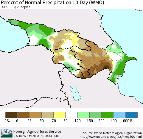 Azerbaijan, Armenia and Georgia Percent of Normal Precipitation 10-Day (WMO) Thematic Map For 10/1/2022 - 10/10/2022