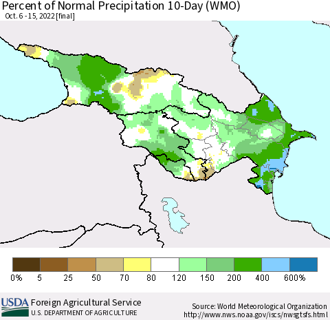 Azerbaijan, Armenia and Georgia Percent of Normal Precipitation 10-Day (WMO) Thematic Map For 10/6/2022 - 10/15/2022