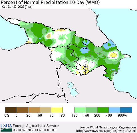 Azerbaijan, Armenia and Georgia Percent of Normal Precipitation 10-Day (WMO) Thematic Map For 10/11/2022 - 10/20/2022