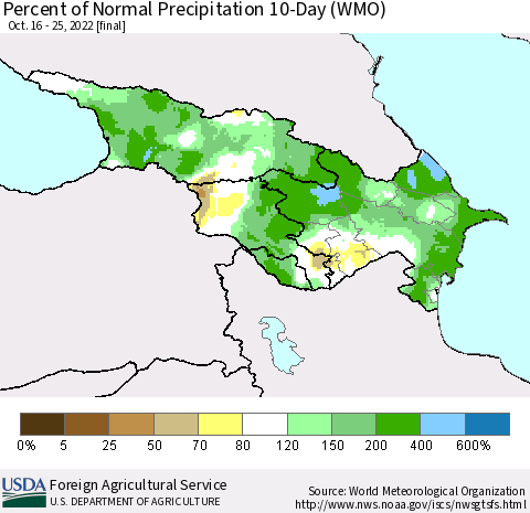 Azerbaijan, Armenia and Georgia Percent of Normal Precipitation 10-Day (WMO) Thematic Map For 10/16/2022 - 10/25/2022