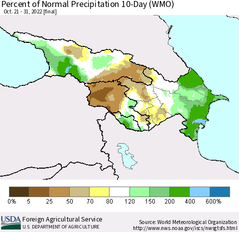 Azerbaijan, Armenia and Georgia Percent of Normal Precipitation 10-Day (WMO) Thematic Map For 10/21/2022 - 10/31/2022