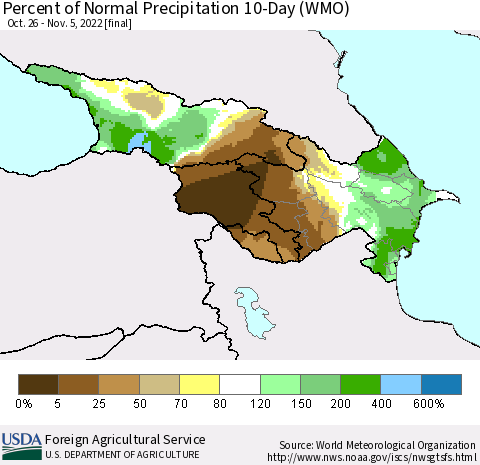 Azerbaijan, Armenia and Georgia Percent of Normal Precipitation 10-Day (WMO) Thematic Map For 10/26/2022 - 11/5/2022
