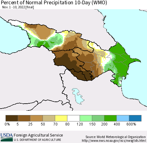 Azerbaijan, Armenia and Georgia Percent of Normal Precipitation 10-Day (WMO) Thematic Map For 11/1/2022 - 11/10/2022
