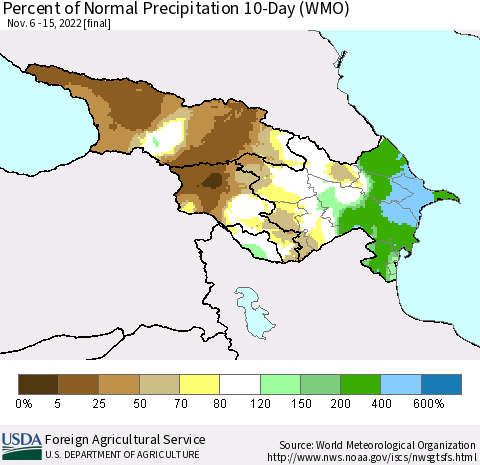 Azerbaijan, Armenia and Georgia Percent of Normal Precipitation 10-Day (WMO) Thematic Map For 11/6/2022 - 11/15/2022