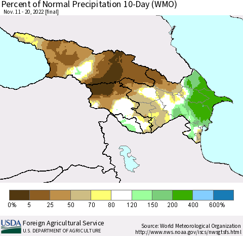 Azerbaijan, Armenia and Georgia Percent of Normal Precipitation 10-Day (WMO) Thematic Map For 11/11/2022 - 11/20/2022