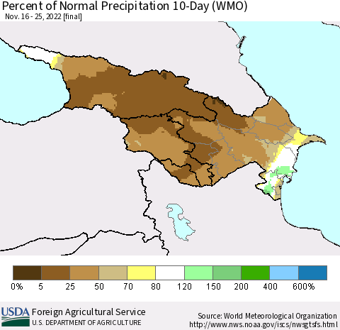 Azerbaijan, Armenia and Georgia Percent of Normal Precipitation 10-Day (WMO) Thematic Map For 11/16/2022 - 11/25/2022