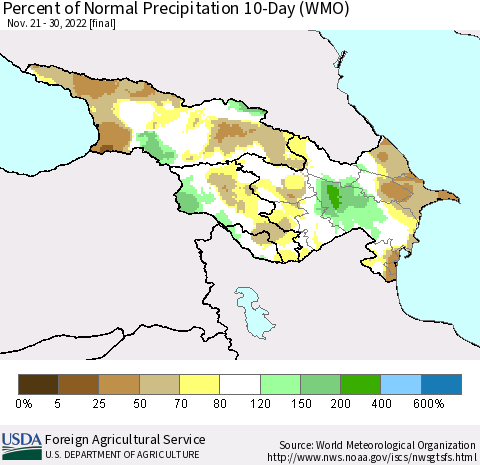 Azerbaijan, Armenia and Georgia Percent of Normal Precipitation 10-Day (WMO) Thematic Map For 11/21/2022 - 11/30/2022