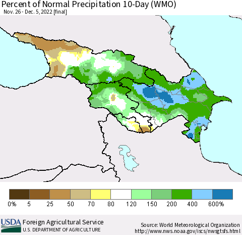 Azerbaijan, Armenia and Georgia Percent of Normal Precipitation 10-Day (WMO) Thematic Map For 11/26/2022 - 12/5/2022