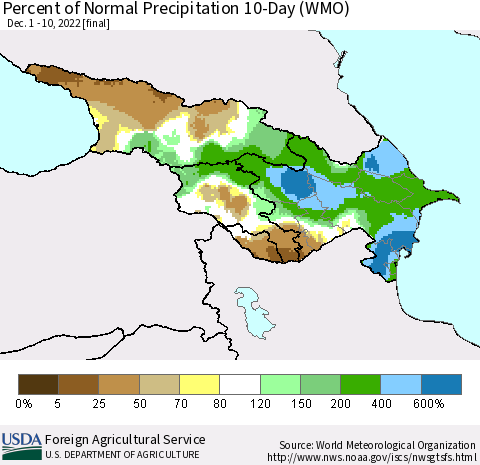 Azerbaijan, Armenia and Georgia Percent of Normal Precipitation 10-Day (WMO) Thematic Map For 12/1/2022 - 12/10/2022