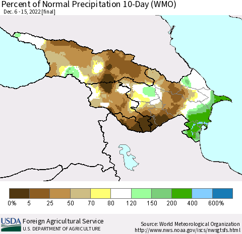 Azerbaijan, Armenia and Georgia Percent of Normal Precipitation 10-Day (WMO) Thematic Map For 12/6/2022 - 12/15/2022