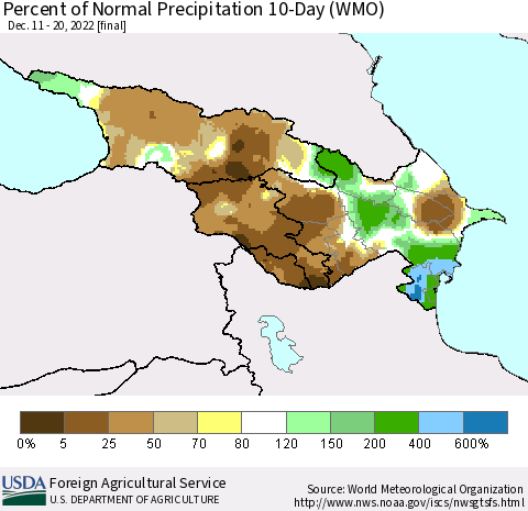 Azerbaijan, Armenia and Georgia Percent of Normal Precipitation 10-Day (WMO) Thematic Map For 12/11/2022 - 12/20/2022