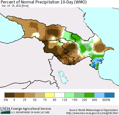 Azerbaijan, Armenia and Georgia Percent of Normal Precipitation 10-Day (WMO) Thematic Map For 12/16/2022 - 12/25/2022
