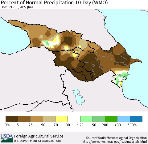 Azerbaijan, Armenia and Georgia Percent of Normal Precipitation 10-Day (WMO) Thematic Map For 12/21/2022 - 12/31/2022