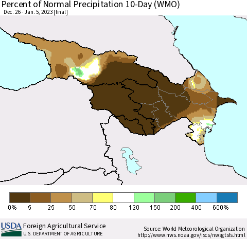 Azerbaijan, Armenia and Georgia Percent of Normal Precipitation 10-Day (WMO) Thematic Map For 12/26/2022 - 1/5/2023