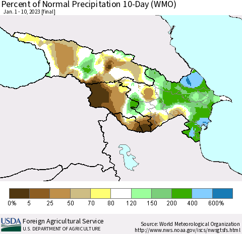 Azerbaijan, Armenia and Georgia Percent of Normal Precipitation 10-Day (WMO) Thematic Map For 1/1/2023 - 1/10/2023