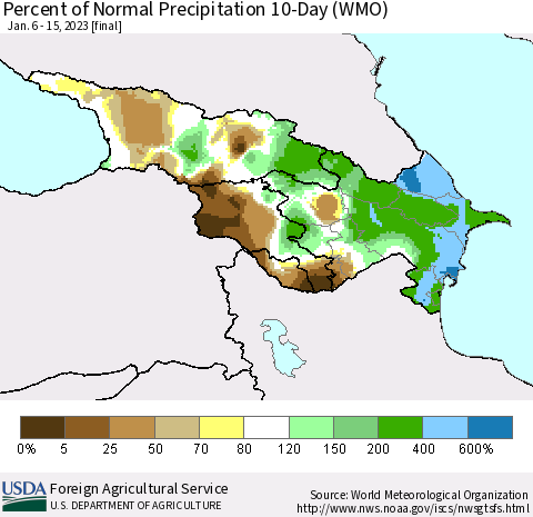 Azerbaijan, Armenia and Georgia Percent of Normal Precipitation 10-Day (WMO) Thematic Map For 1/6/2023 - 1/15/2023
