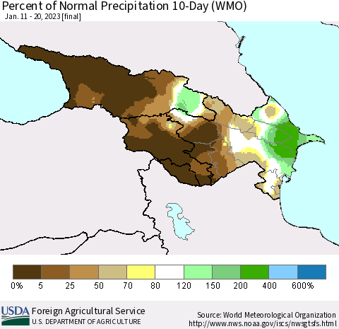 Azerbaijan, Armenia and Georgia Percent of Normal Precipitation 10-Day (WMO) Thematic Map For 1/11/2023 - 1/20/2023