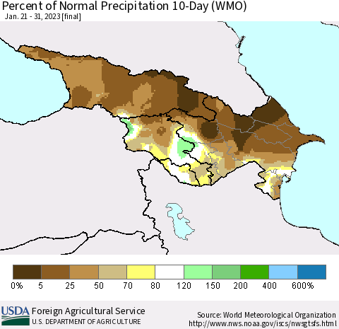 Azerbaijan, Armenia and Georgia Percent of Normal Precipitation 10-Day (WMO) Thematic Map For 1/21/2023 - 1/31/2023