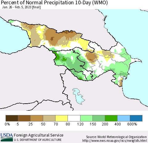 Azerbaijan, Armenia and Georgia Percent of Normal Precipitation 10-Day (WMO) Thematic Map For 1/26/2023 - 2/5/2023