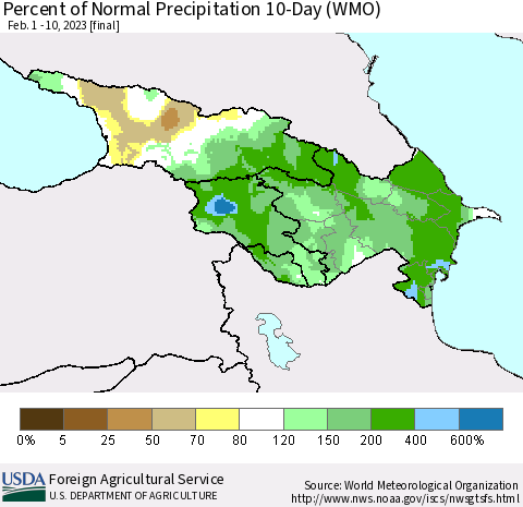 Azerbaijan, Armenia and Georgia Percent of Normal Precipitation 10-Day (WMO) Thematic Map For 2/1/2023 - 2/10/2023