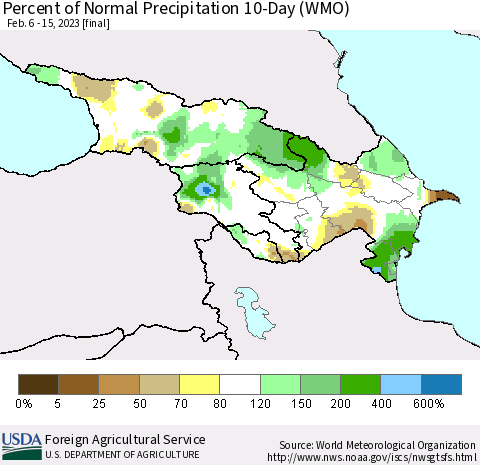 Azerbaijan, Armenia and Georgia Percent of Normal Precipitation 10-Day (WMO) Thematic Map For 2/6/2023 - 2/15/2023