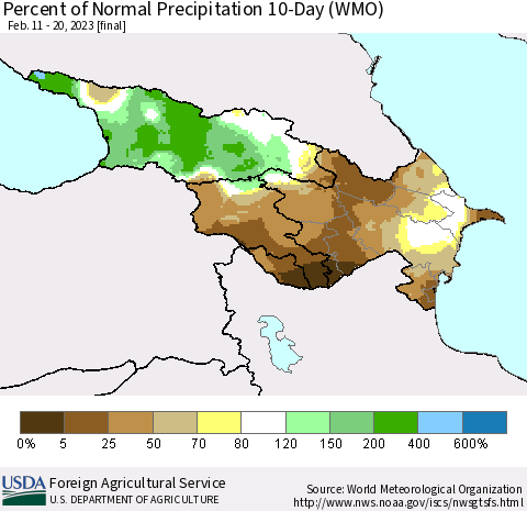 Azerbaijan, Armenia and Georgia Percent of Normal Precipitation 10-Day (WMO) Thematic Map For 2/11/2023 - 2/20/2023