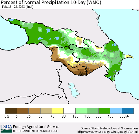 Azerbaijan, Armenia and Georgia Percent of Normal Precipitation 10-Day (WMO) Thematic Map For 2/16/2023 - 2/25/2023