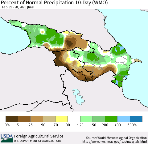 Azerbaijan, Armenia and Georgia Percent of Normal Precipitation 10-Day (WMO) Thematic Map For 2/21/2023 - 2/28/2023