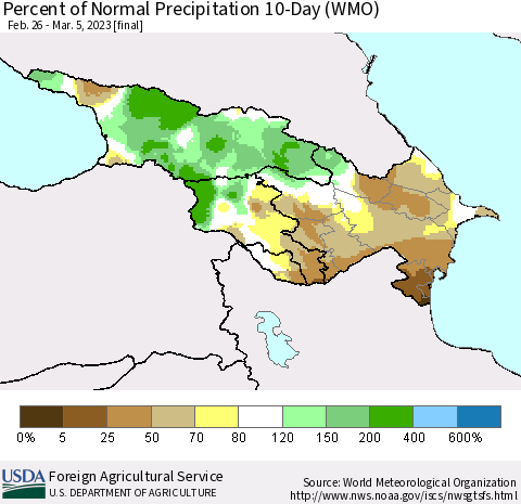 Azerbaijan, Armenia and Georgia Percent of Normal Precipitation 10-Day (WMO) Thematic Map For 2/26/2023 - 3/5/2023