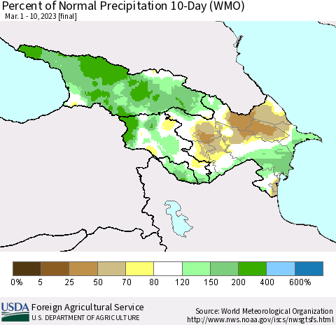 Azerbaijan, Armenia and Georgia Percent of Normal Precipitation 10-Day (WMO) Thematic Map For 3/1/2023 - 3/10/2023
