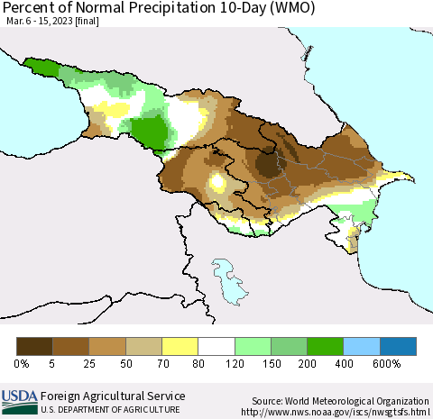 Azerbaijan, Armenia and Georgia Percent of Normal Precipitation 10-Day (WMO) Thematic Map For 3/6/2023 - 3/15/2023